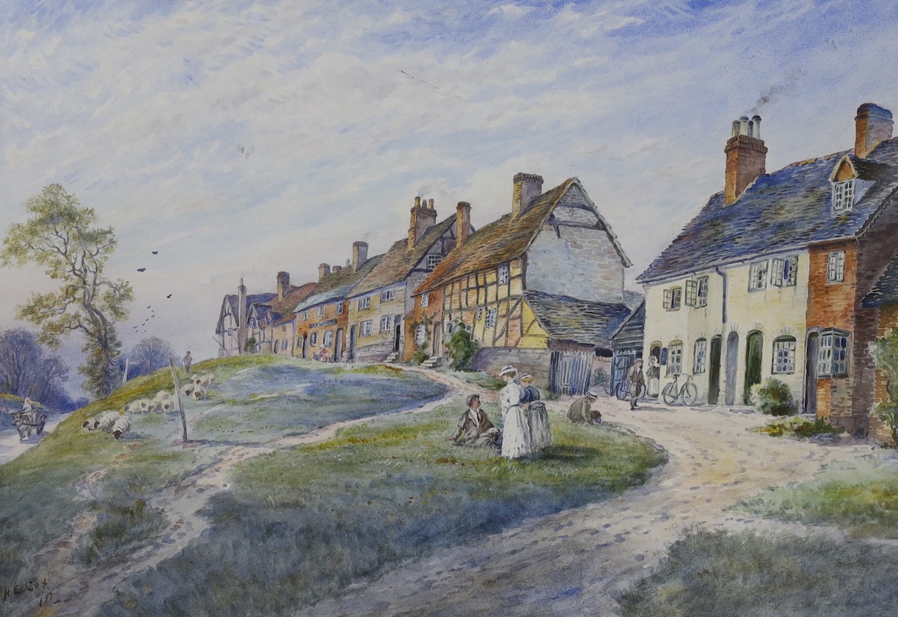Herbert Edward Cox (1870-1941), pair of watercolours, Children picking flowers before a country house and village street scene, signed and dated 1900, 27 x 38cm